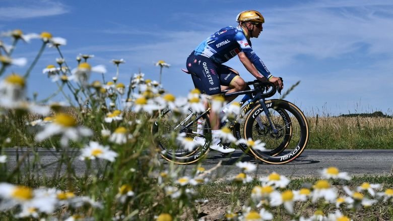 Belgian cyclist Remco Evenepoel cycles in a training session on the eve of the start of the 112th Tour de France cycling race near Lille, northern France, on July 4.